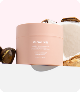 Glowlixir super hydrating mask with hydrating ingredients in background