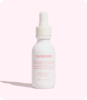 Glowlixir Hydro Collagen Boosting Serum bottle on a pink background