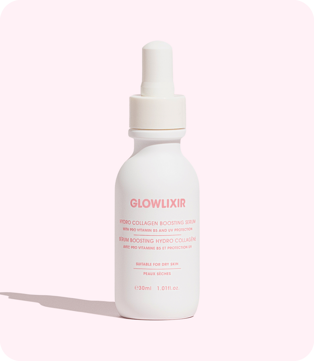 Glowlixir Hydro Collagen Boosting Serum bottle on a pink background