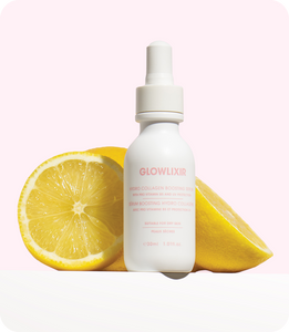 Glowlixir Hydro Collagen Boosting Serum bottle with ingredients in the back ground