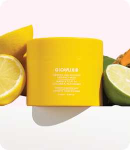Glowlixir Turmeric & Glycolic Radiance Mask in jar with turmeric and glycolic acid ingredients highlighted